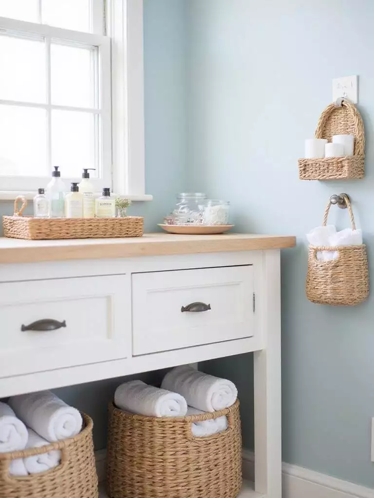 Coastal bathroom with woven baskets and natural fiber storage for towels and toiletries.