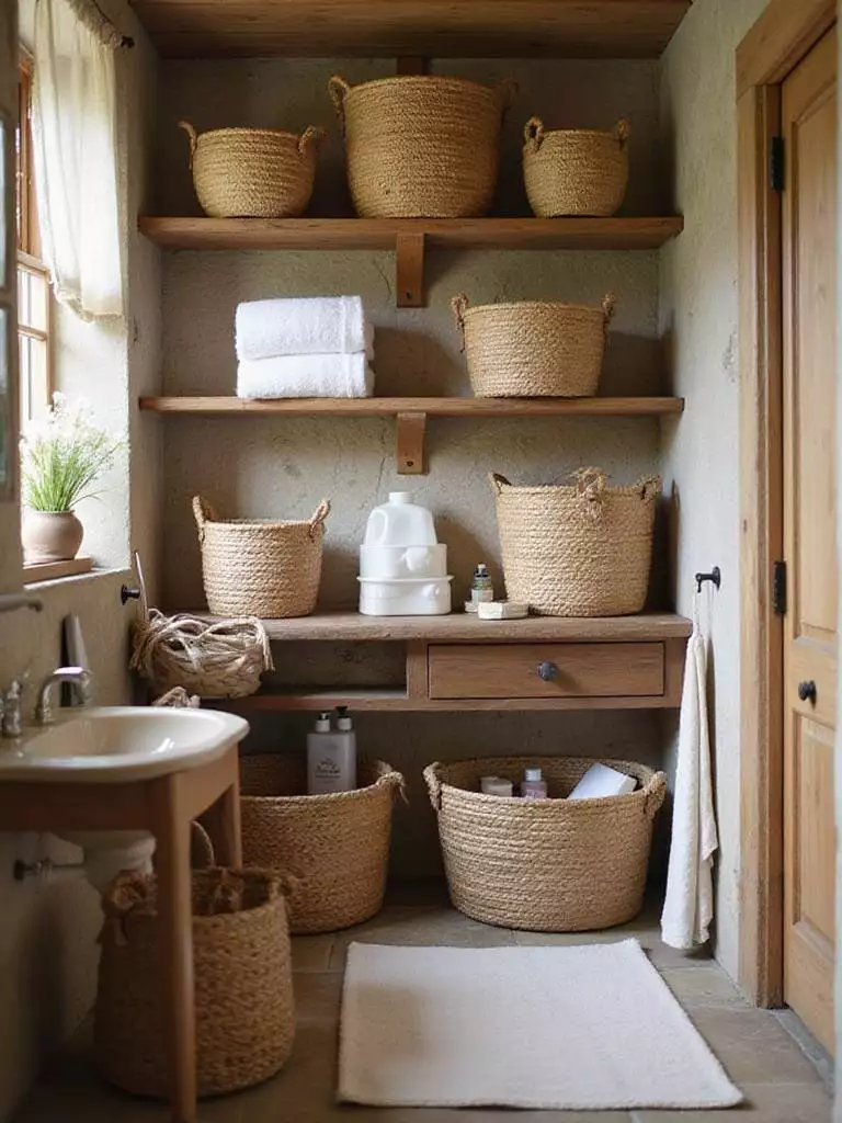 Rustic bathroom with woven baskets used for stylish and practical storage.