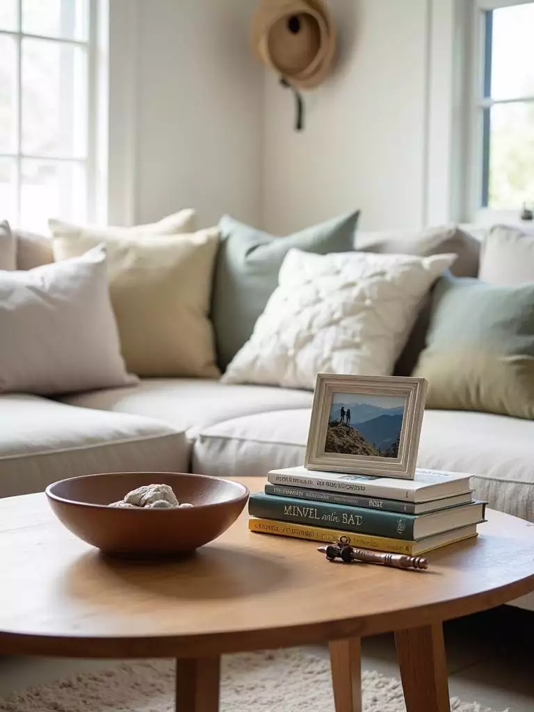 Coffee table styled with books, photo, ceramic bowl, and compass, reflecting personal style and interests.