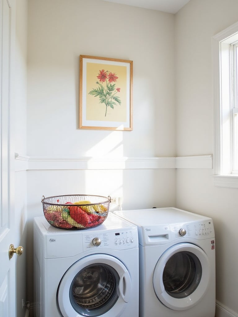 Laundry room with botanical art print above washer and dryer.