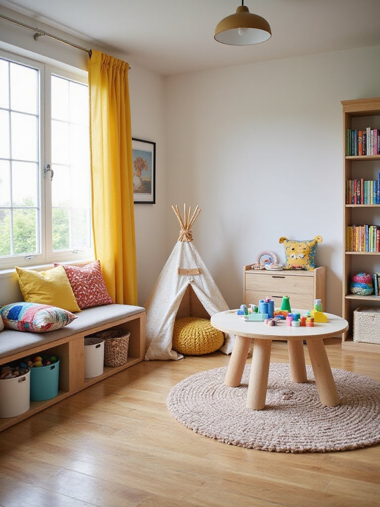 Cozy and colorful play zone in a kids' bedroom with a reading nook, building table, and toy storage.