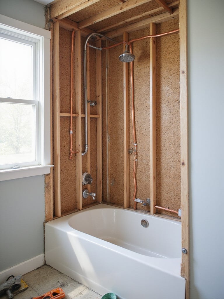 Exposed plumbing pipes (copper or PEX supply lines, PVC/ABS drain and vent pipes) visible in a wall cavity during a bathtub remodel, illustrating the technical aspects of addressing plumbing needs.