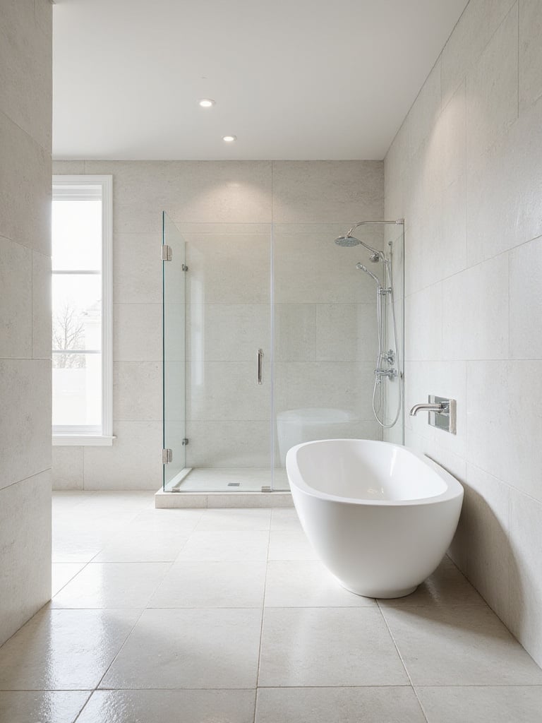 Modern updated bathroom with a freestanding bathtub or walk-in shower, neutral tile, and bright lighting, designed to boost home resale value.