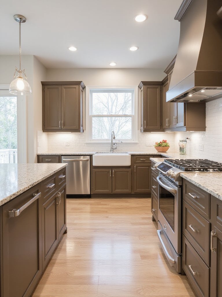 Brown kitchen cabinets with light granite countertops and white subway tile backsplash