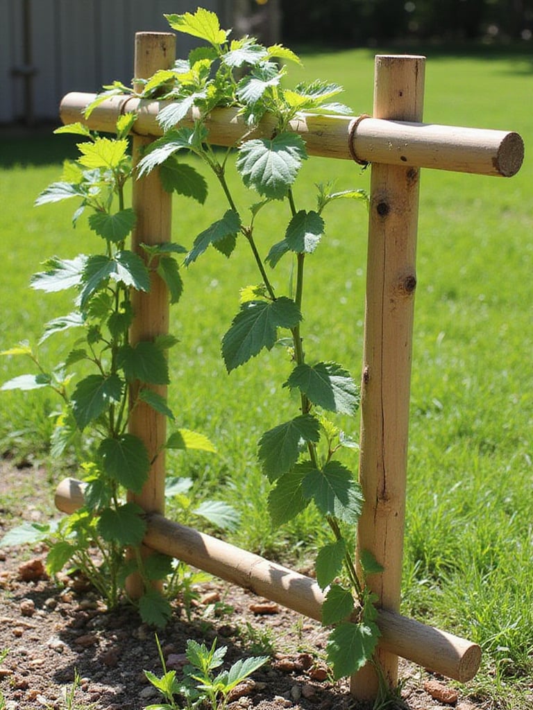 A budget-friendly DIY garden trellis made from simple materials supporting climbing plants in a sunny backyard.