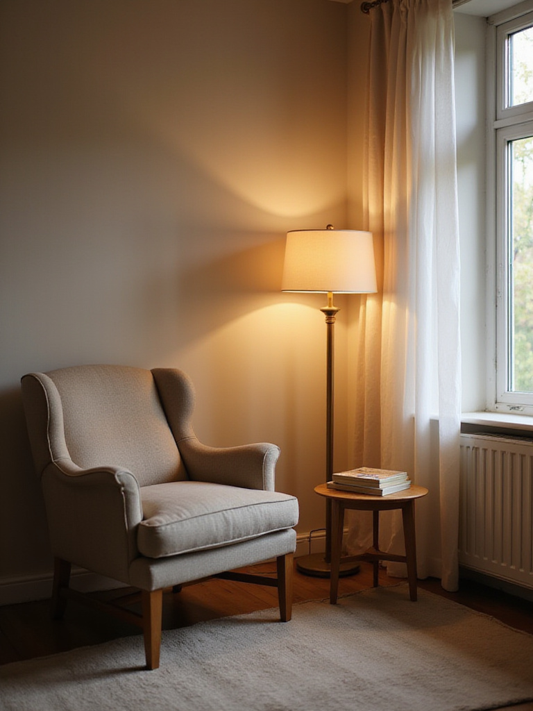 Cozy reading nook in an apartment bedroom corner with a comfortable armchair, floor lamp, books, and soft textiles.