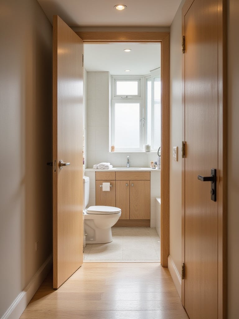 Compact bathroom featuring a light-colored pocket door partially open and sliding into the wall, illustrating a space-saving solution for small interiors by eliminating the door swing.