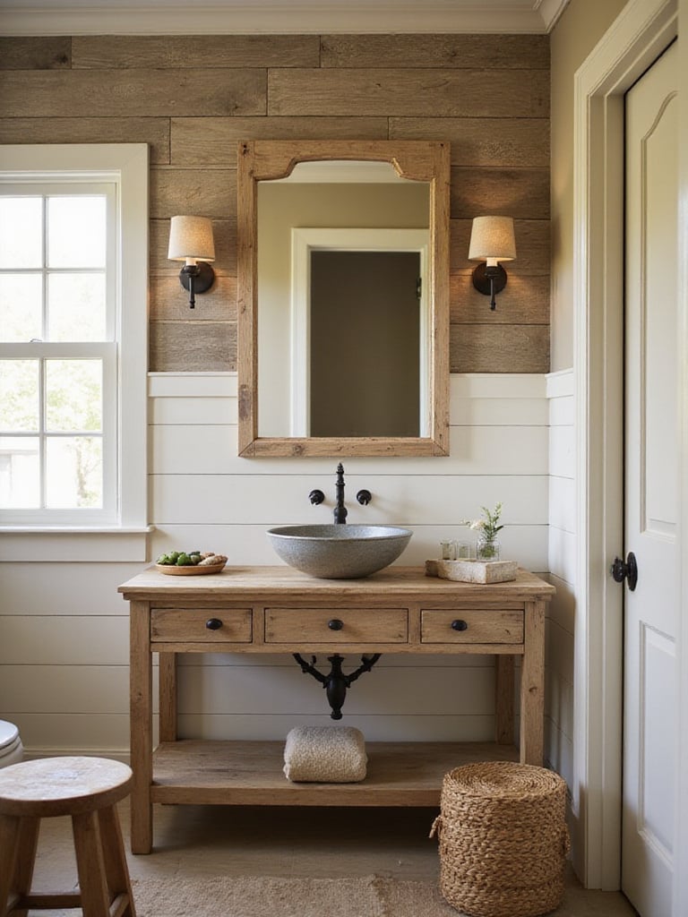 Rustic bathroom featuring a textured accent wall made of weathered barn wood or white shiplap behind a wooden vanity, adding warmth and character to the space.