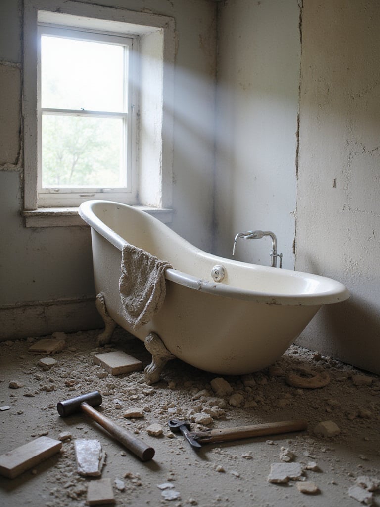 Broken cast iron bathtub on the floor of a bathroom undergoing renovation, illustrating the process of old tub removal and disposal.
