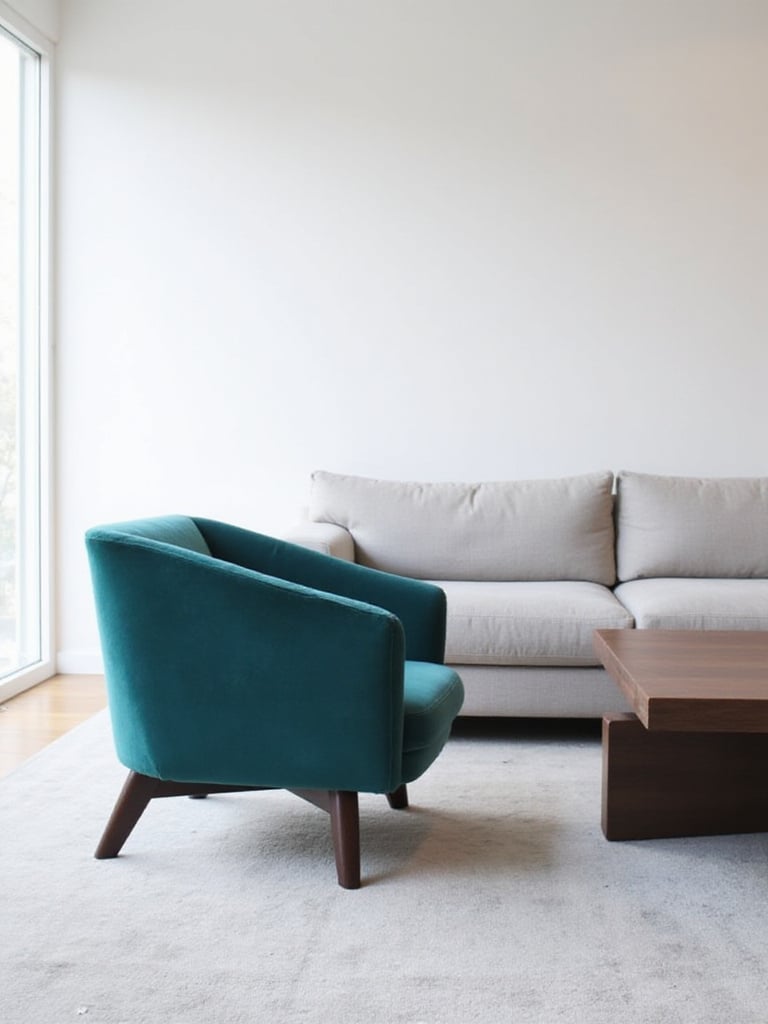 Modern living room with teal velvet geometric accent chair