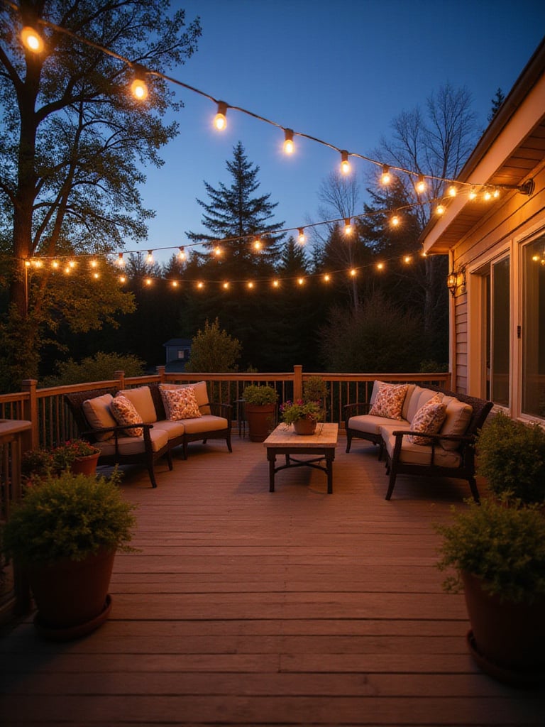 Outdoor deck illuminated by warm string lights strung overhead at dusk, creating a cozy ambiance.