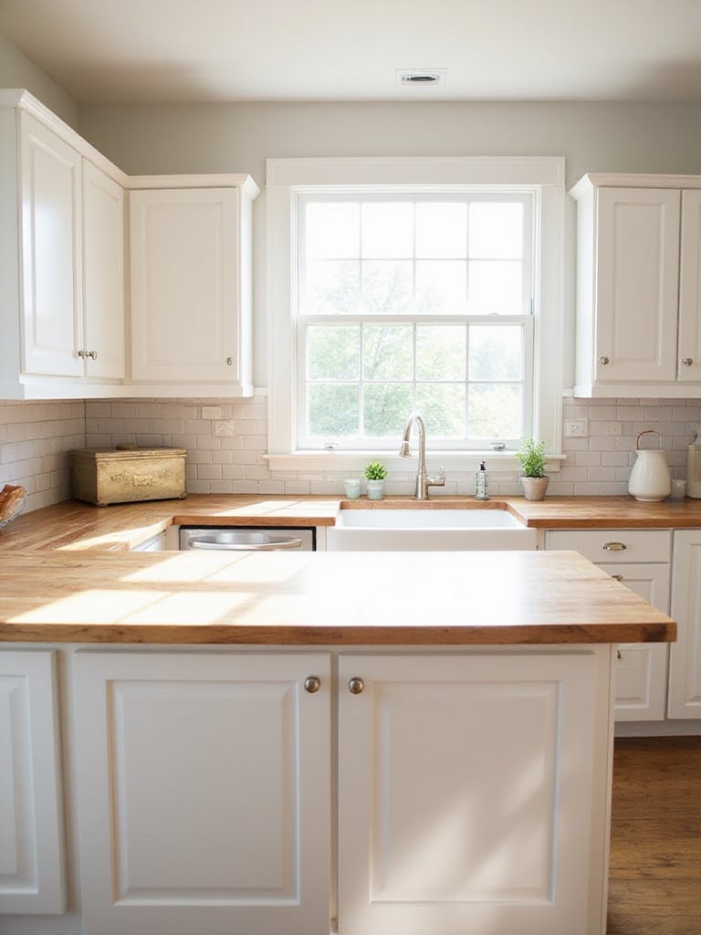 Farmhouse kitchen with warm maple butcher block countertops