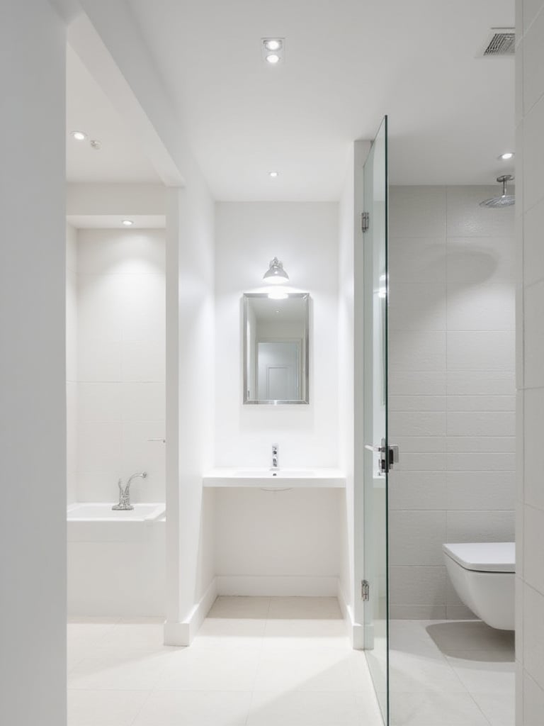 Small modern bathroom with white walls and ceiling, featuring multiple flush-mounted recessed LED lights that provide bright, even illumination and visually increase the ceiling height.