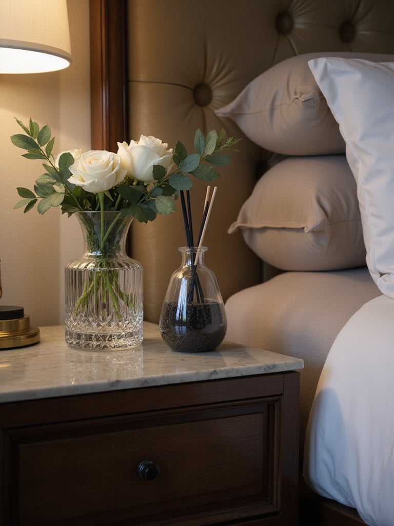 Luxury bedroom nightstand with a crystal vase of white roses and a high-end ceramic reed diffuser.