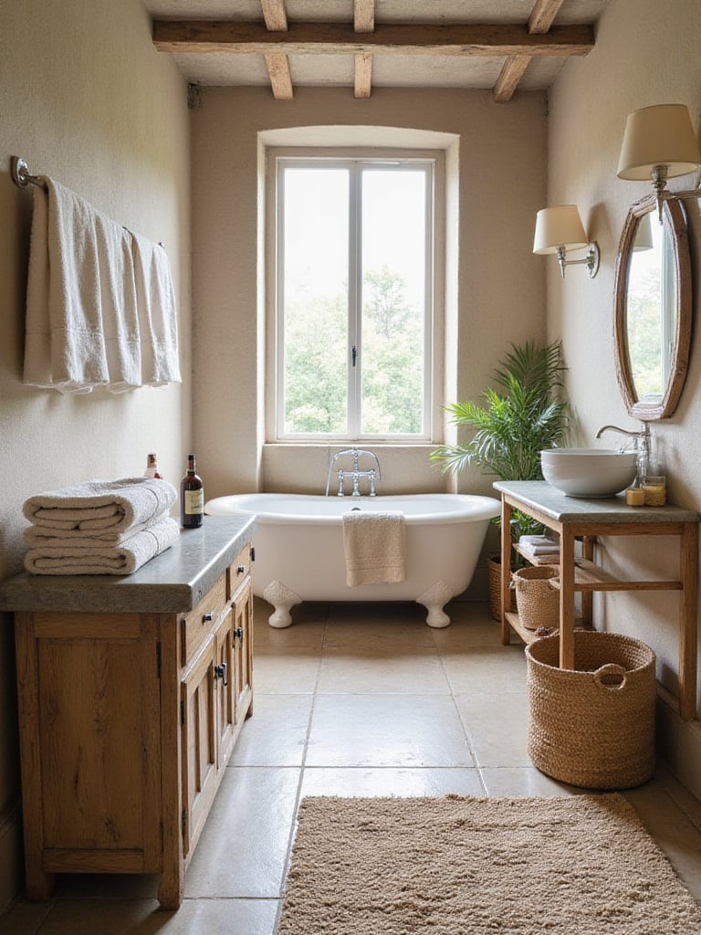 A rustic bathroom interior featuring natural textures like folded cotton towels, a jute rug, and woven baskets, alongside a wooden vanity and clawfoot tub, bathed in natural light.