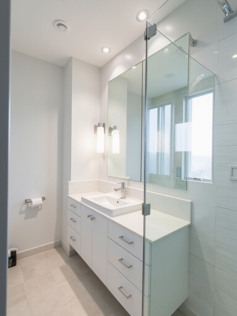 Bright small bathroom with layered lighting including recessed ceiling lights, vanity sconces, and a shower light, making the space feel larger and more open.