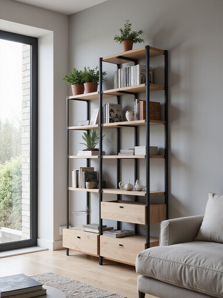 Modern living room with light wood and black metal modular shelving unit displaying books and plants