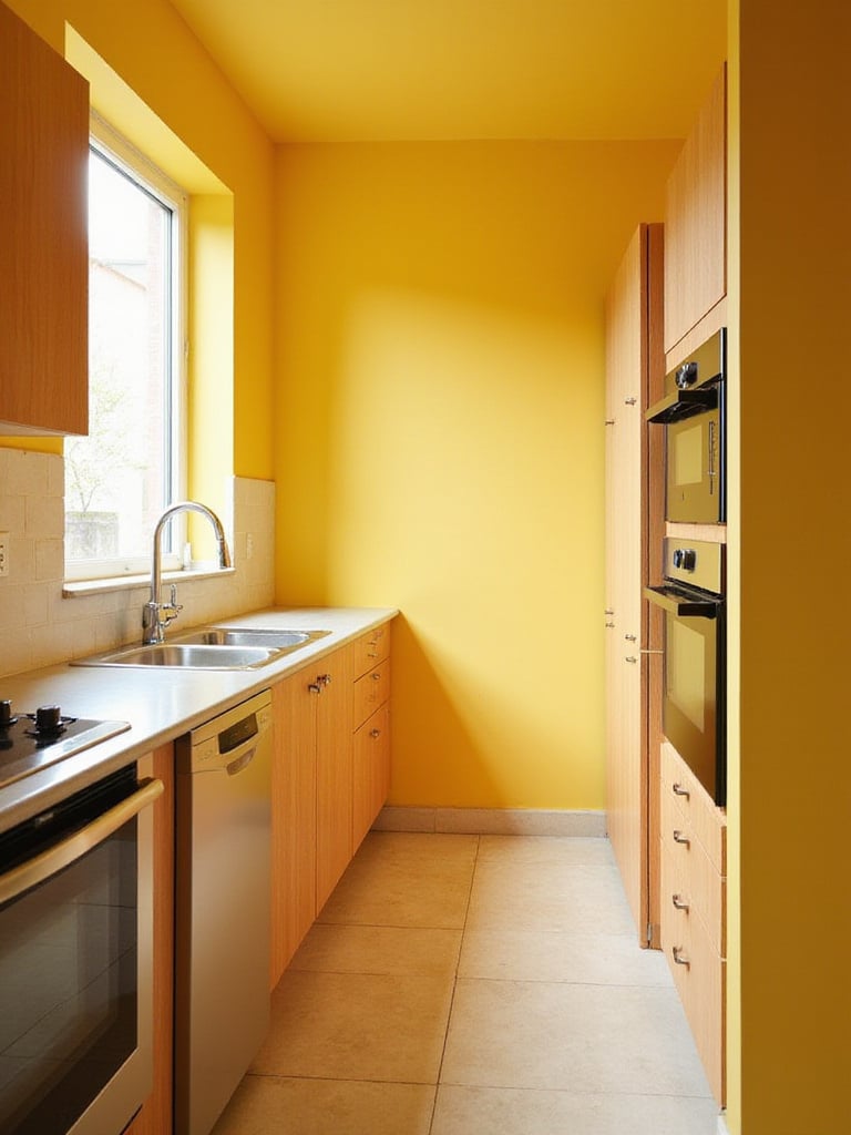 A vibrant kitchen with yellow walls and modern appliances, showcasing a mood transformation through paint.