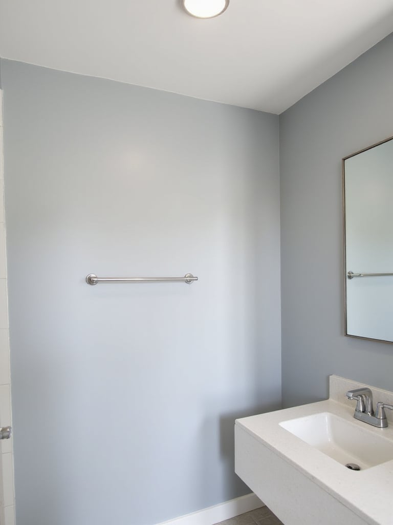 Small modern bathroom with light grey walls and a bright white ceiling, creating a visual effect that makes the room feel taller and more spacious.