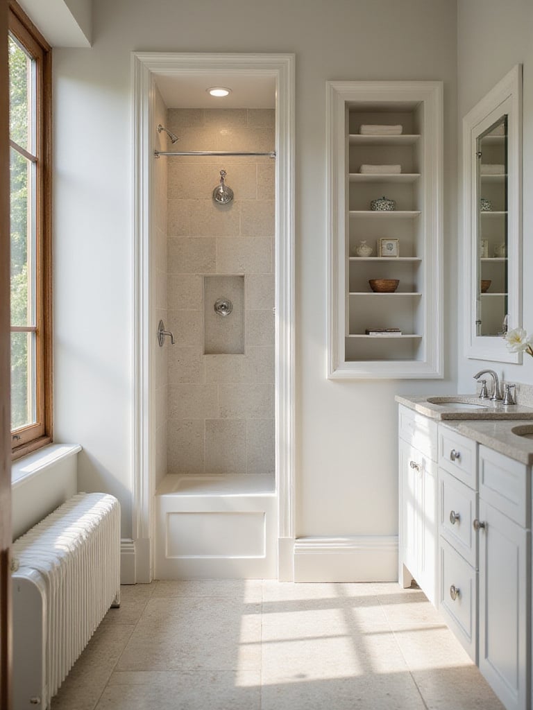 Classic bathroom interior featuring practical built-in storage solutions, including a recessed medicine cabinet, tiled shower niche, and integrated wall shelves, contributing to a timeless and uncluttered design.
