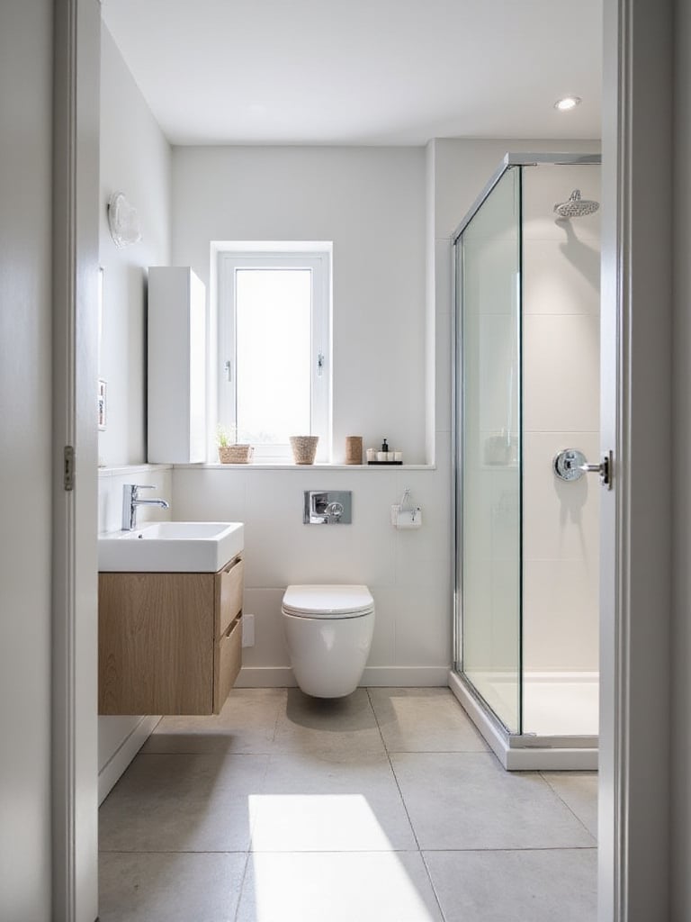 Modern small bathroom interior showcasing compact fixtures like a wall-hung toilet, floating vanity, and corner shower to maximize space.