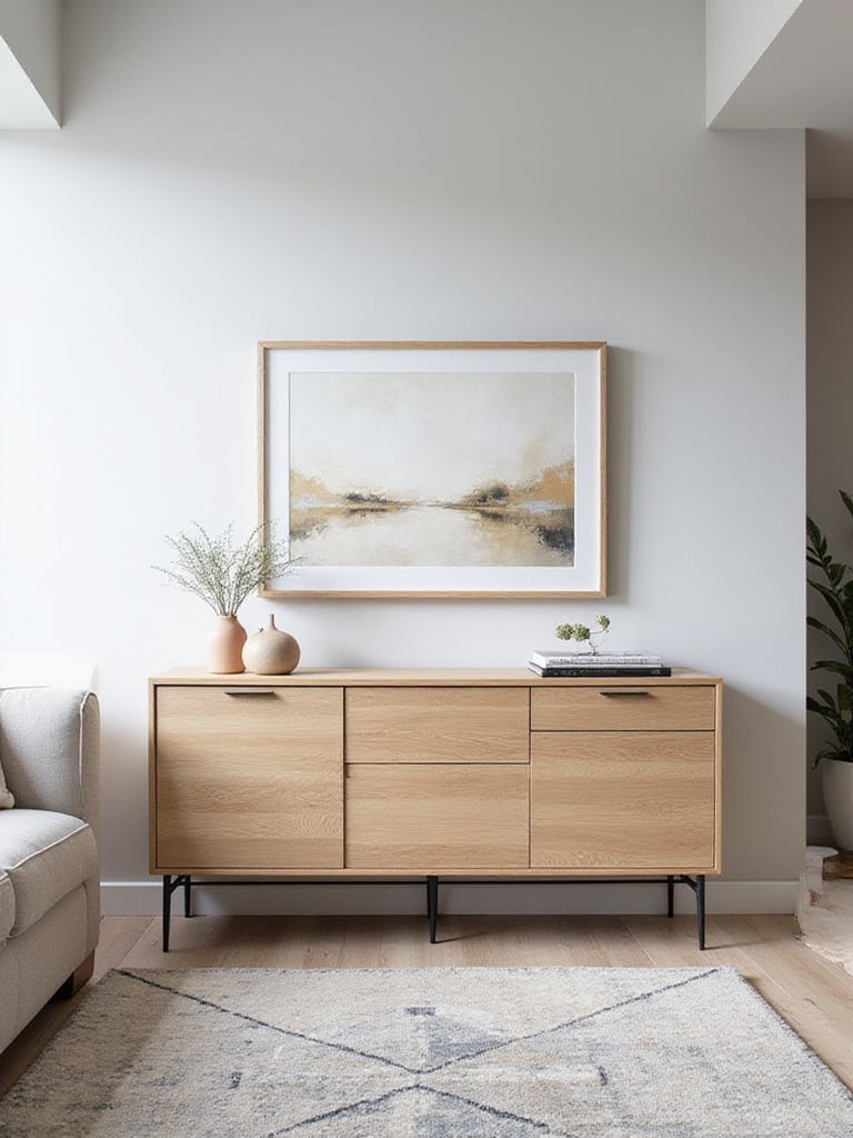 Modern living room with light oak credenza for stylish storage.