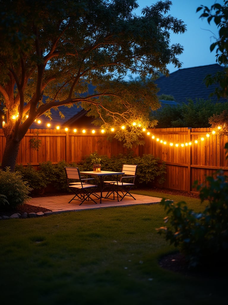Backyard patio at dusk illuminated by warm, twinkling string lights draped overhead and through trees.