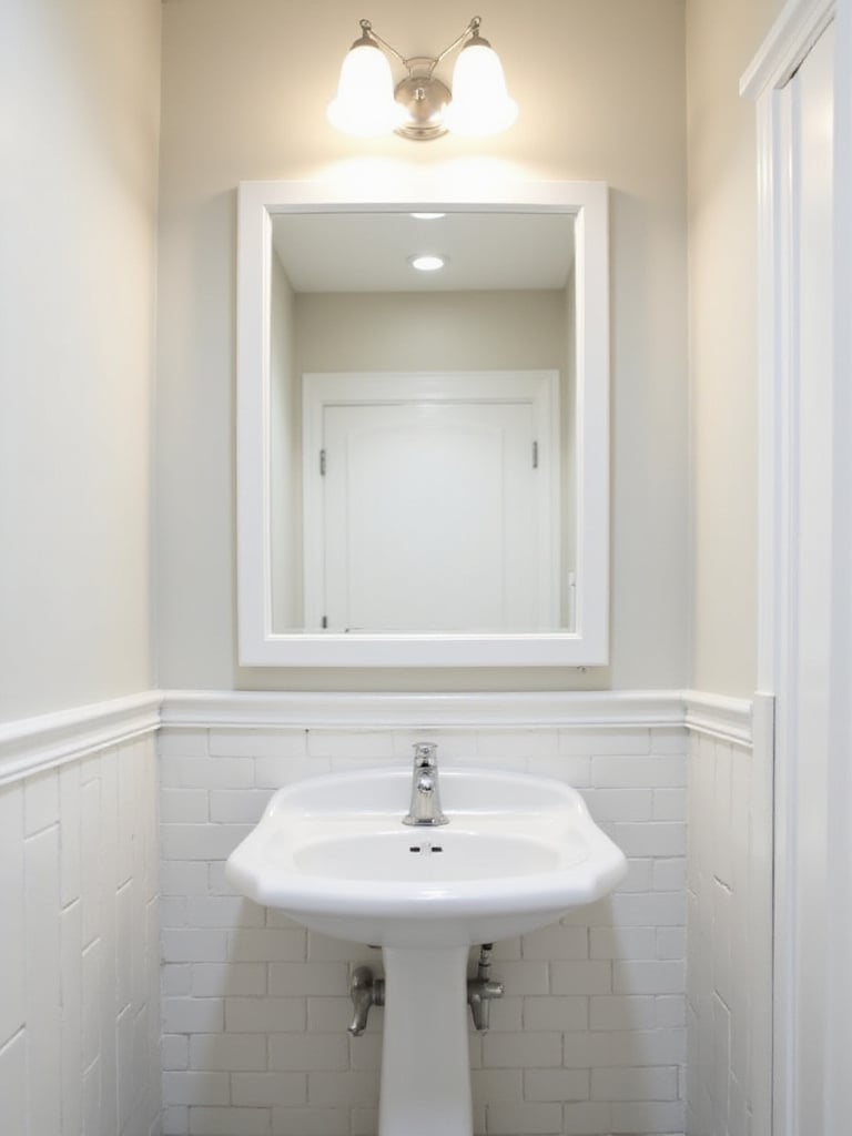 A classic bathroom featuring a white pedestal sink and a discreet recessed medicine cabinet with a mirrored door integrated into the wall above it, showcasing clean lines and space-saving design.