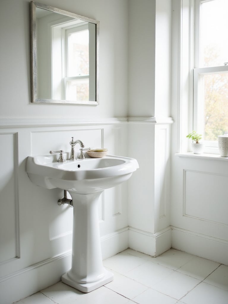 Elegant white ceramic pedestal sink in a bright, classic bathroom with a mirror and natural light.