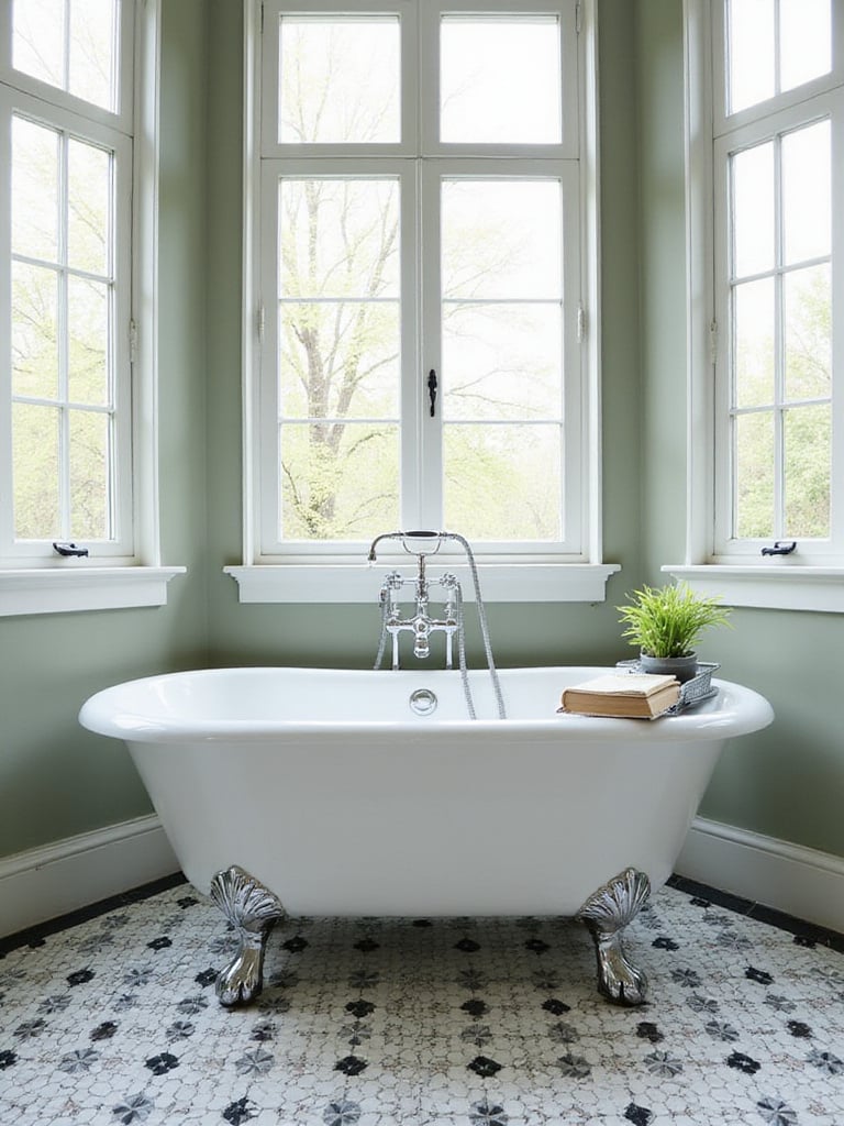 An elegant bathroom features a white clawfoot bathtub with chrome feet on a black and white hexagonal tile floor, illuminated by natural light.