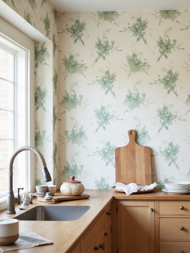 Kitchen featuring farmhouse and botanical wallpaper with rustic decor