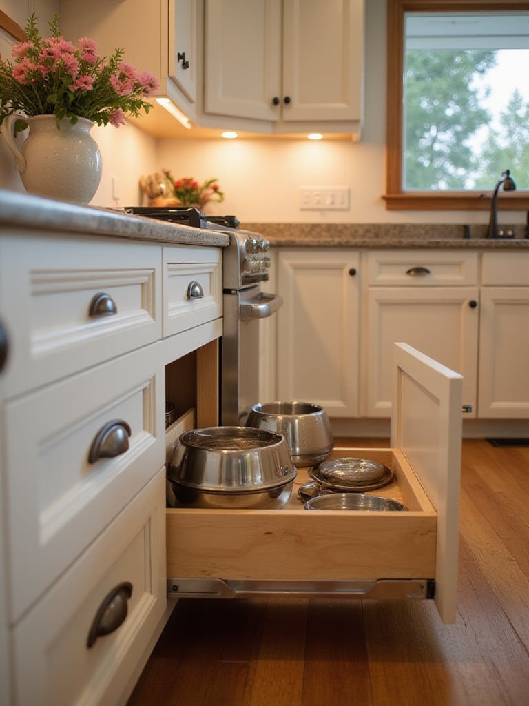Custom-built toe-kick drawers in a stylish kitchen, showcasing flat items neatly stored away.