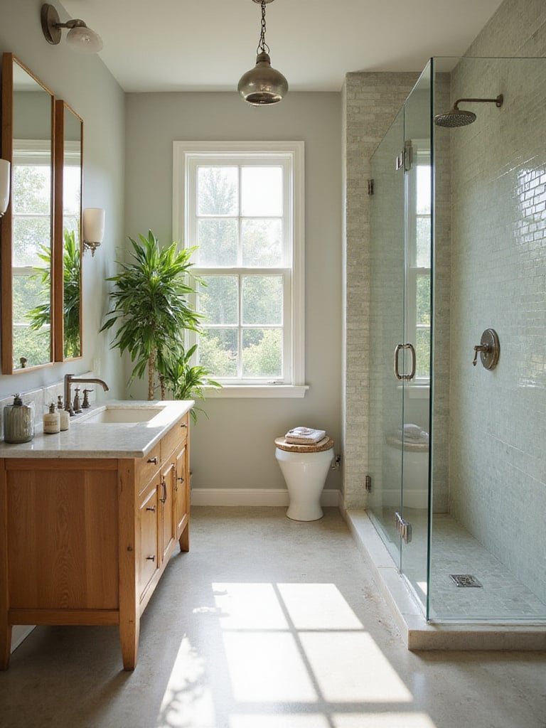 Eco-friendly bathroom design with bamboo vanity and recycled glass tiles.