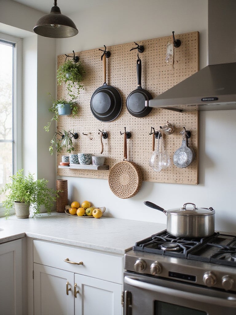 Professional kitchen showcasing a custom pegboard system filled with organized kitchen tools.
