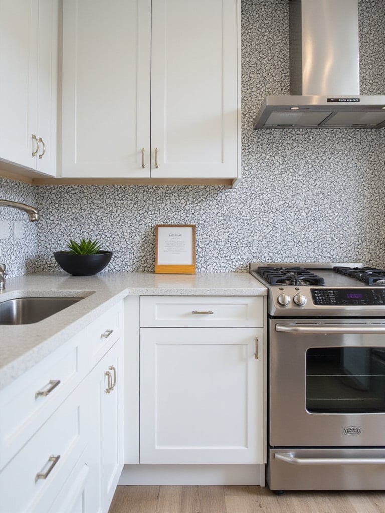 Modern kitchen with geometric wallpaper patterns accent wall