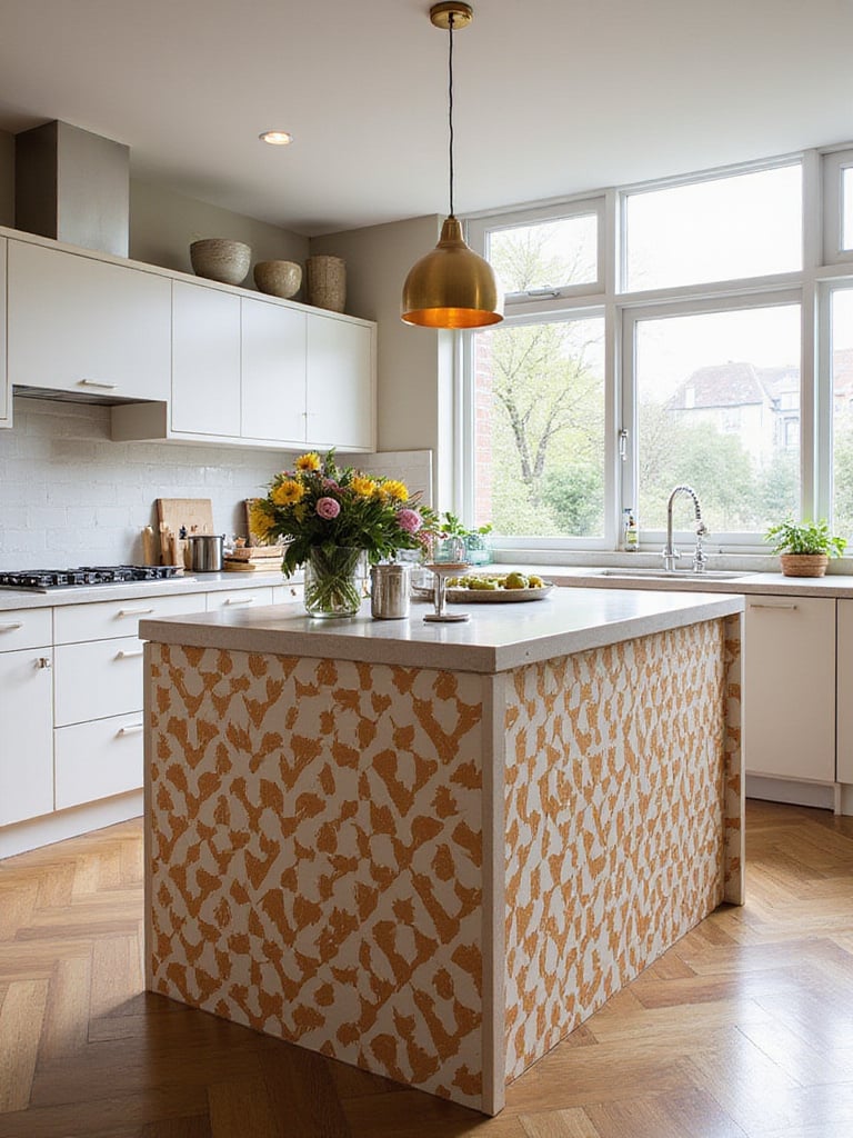 Wallpapered kitchen island with geometric patterns in a modern kitchen setting