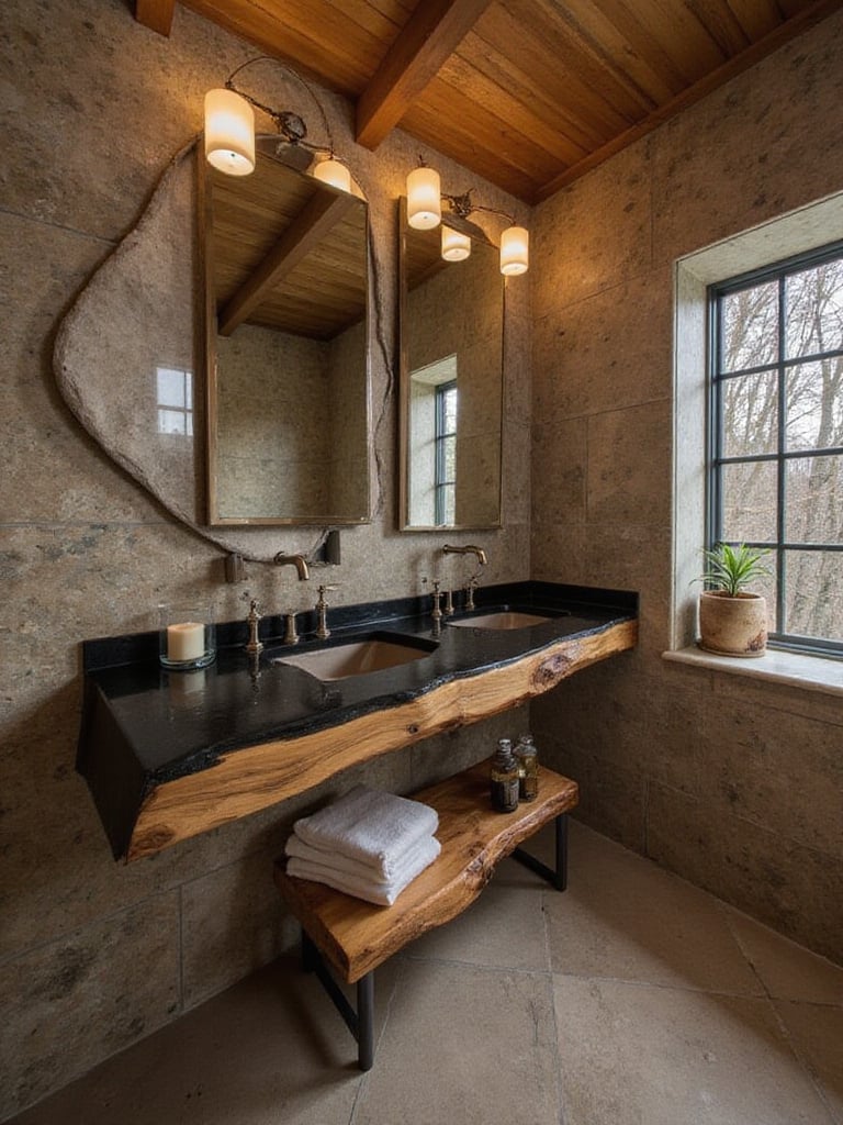 A tranquil bathroom with a live-edge wood vanity and river stone walls