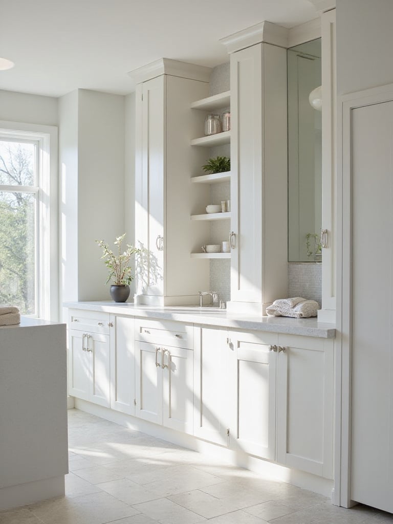 Modern bathroom with built-in niches and recessed cabinets for smart storage solutions