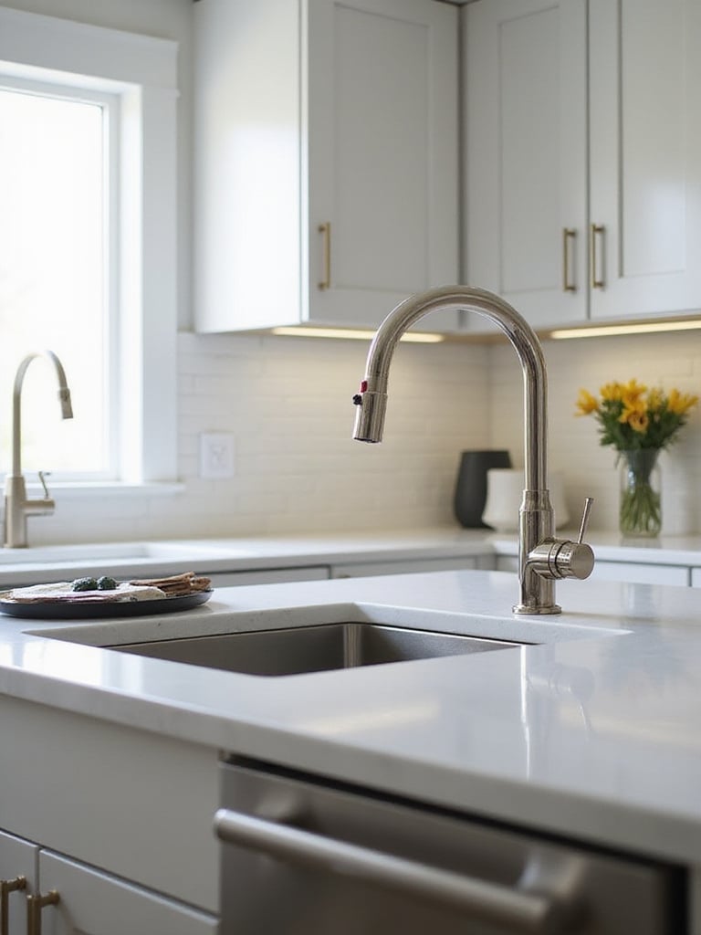 Modern kitchen with touchless faucet installed at the sink