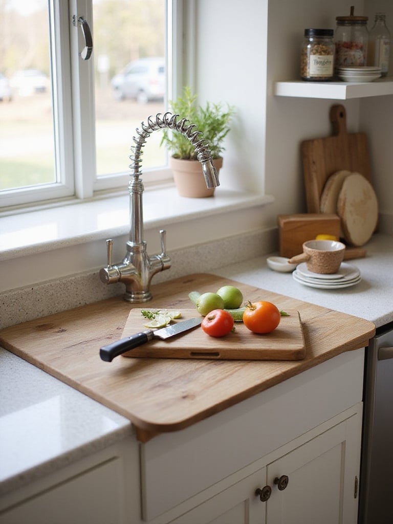 Custom sink cover serving as a cutting board in a modern kitchen