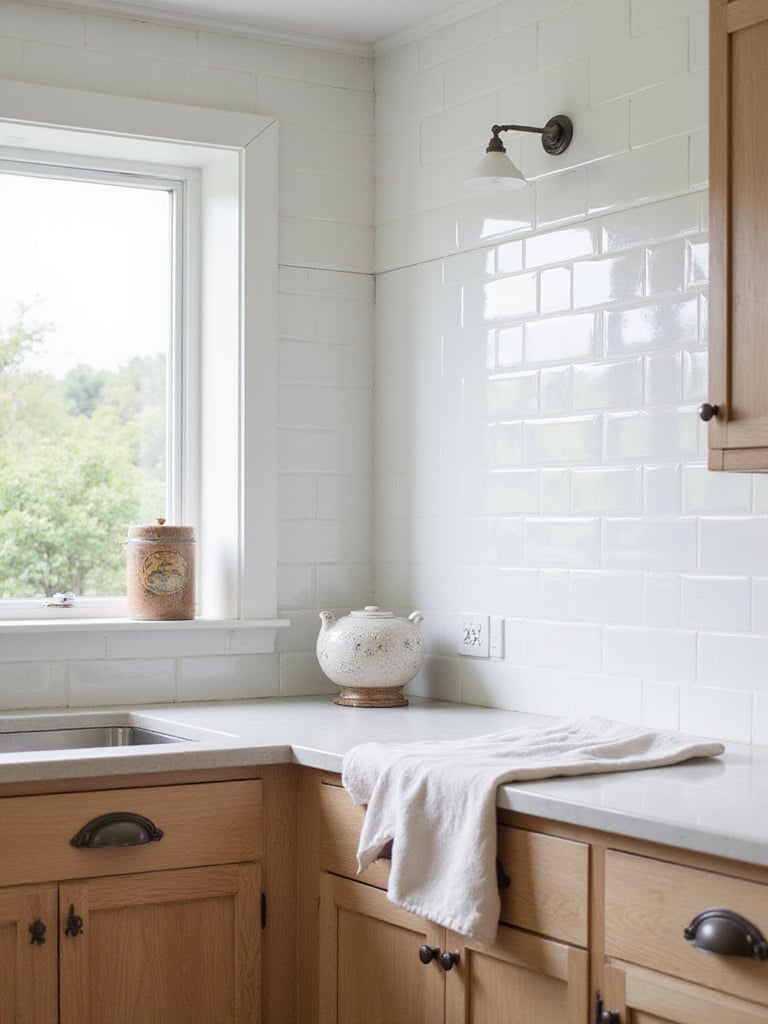 Coastal kitchen with glossy white subway tile backsplash