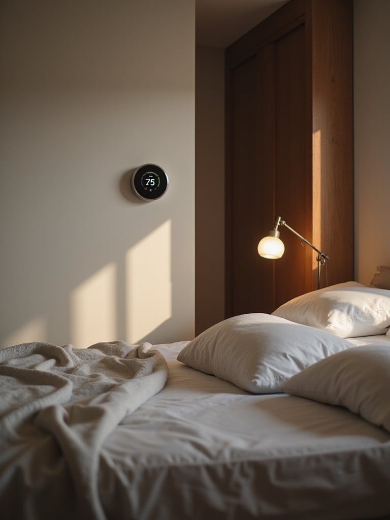 Modern bedroom featuring a smart thermostat on the wall with cozy decor
