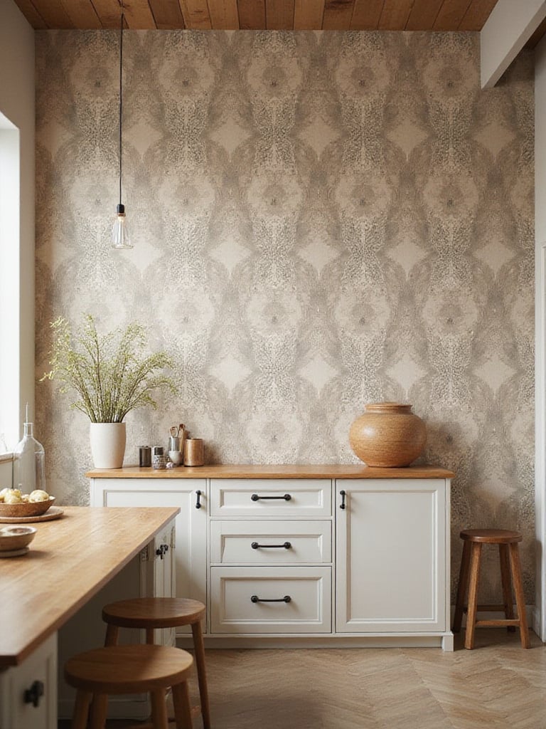 A modern kitchen with a large-scale wallpaper design that complements the room's dimensions.