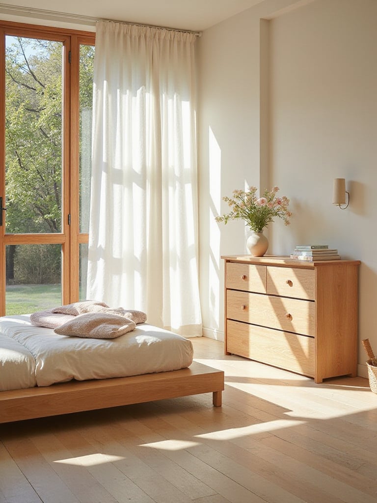 Bright bedroom with low-profile furniture allowing natural light to flow.