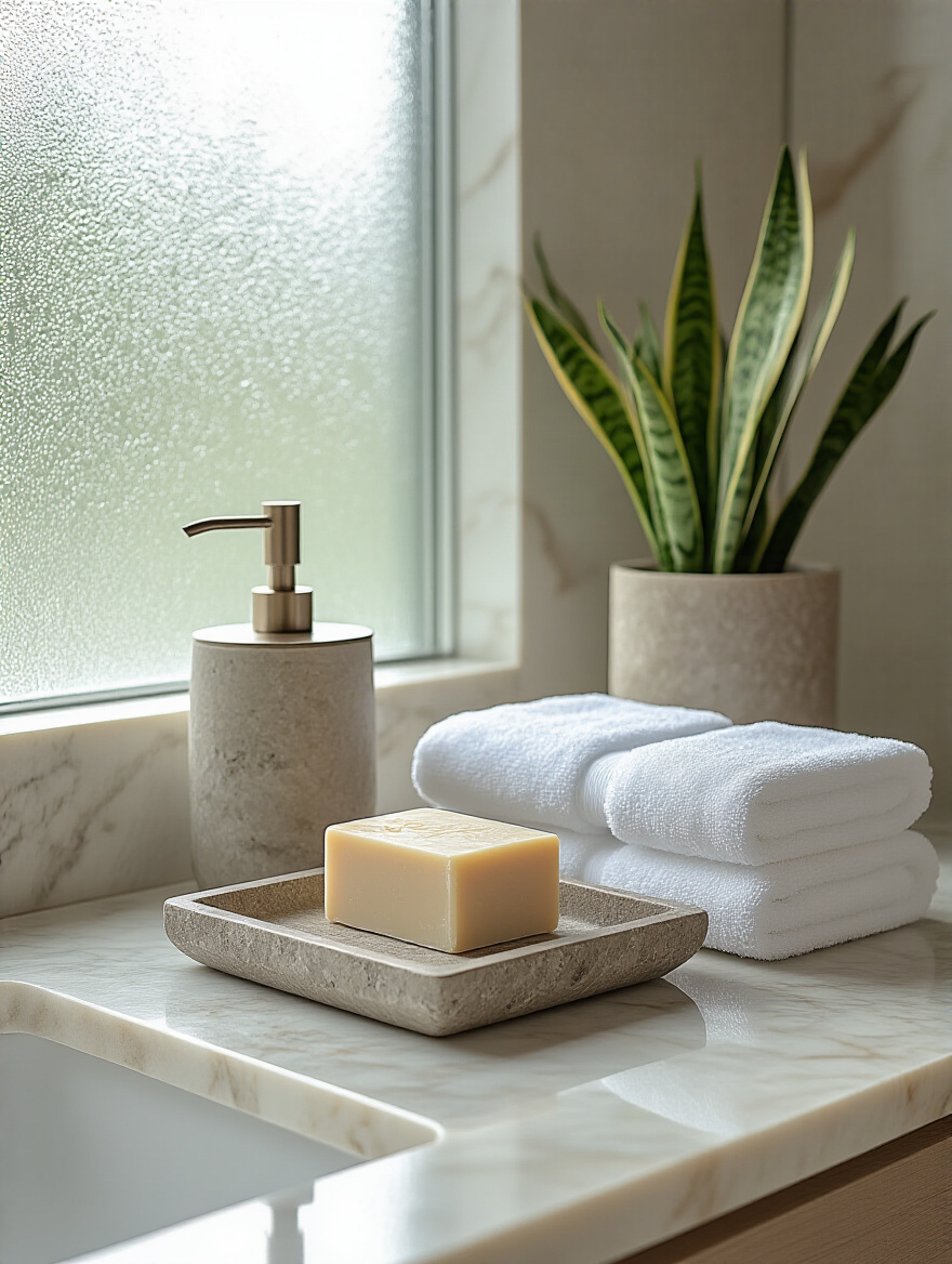 Luxurious modern bathroom accessories on a marble countertop
