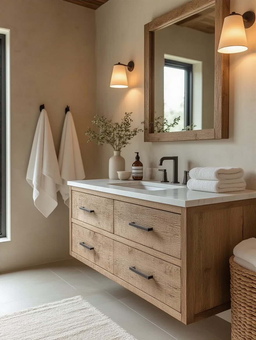 Modern bathroom featuring reclaimed wood vanity and marble countertop, showcasing natural materials.