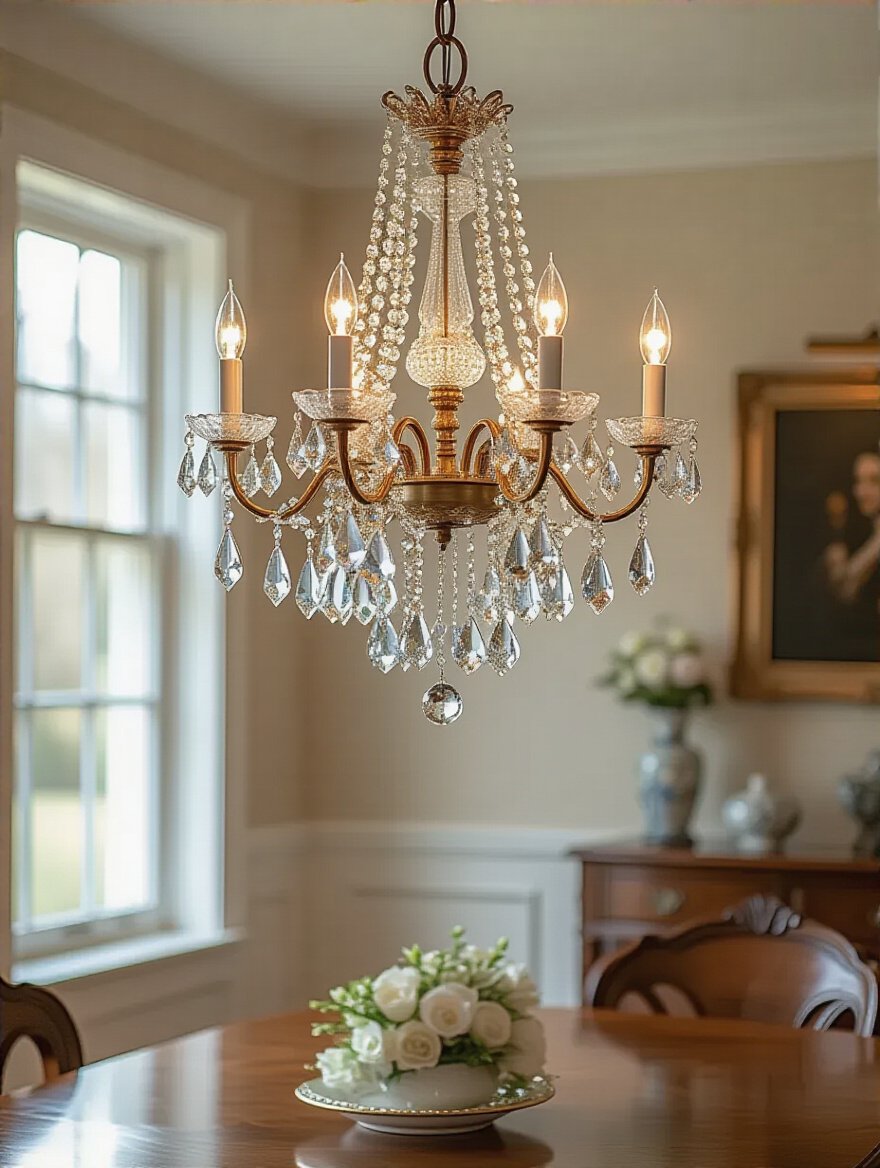 Elegant multi-tiered crystal dining room chandelier with brass accents illuminating a classic dining table in soft natural light