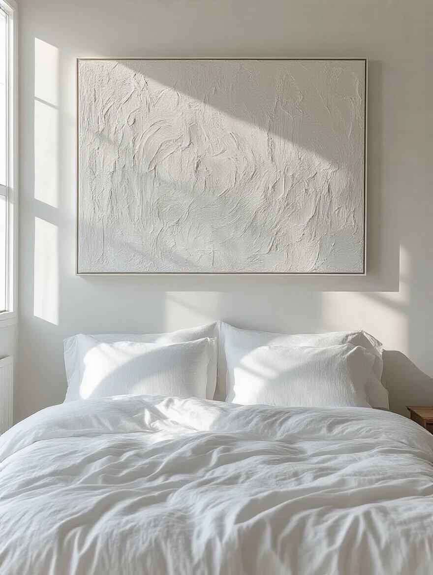 Minimalist white bedroom with large monochromatic textured abstract artwork above bed adding subtle visual interest