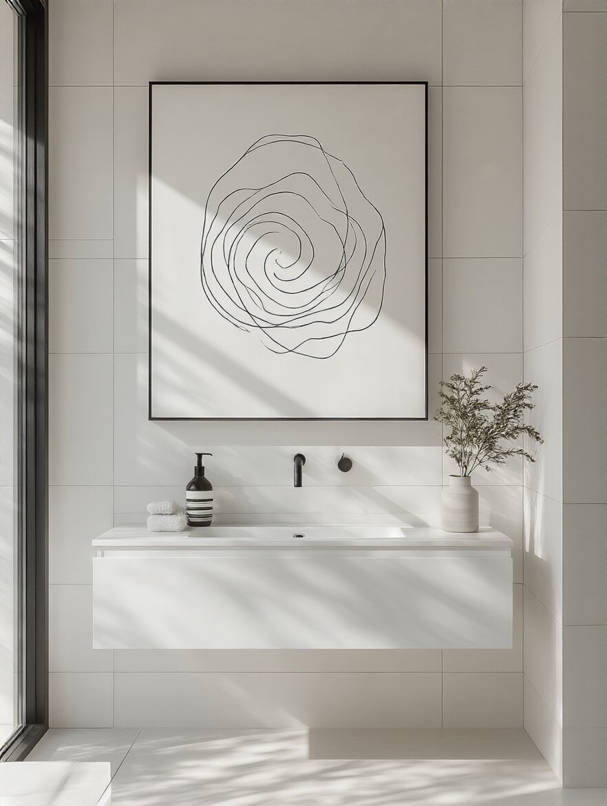 Modern bathroom with a large minimalist black and white abstract artwork on white wall, sleek vanity, and natural lighting