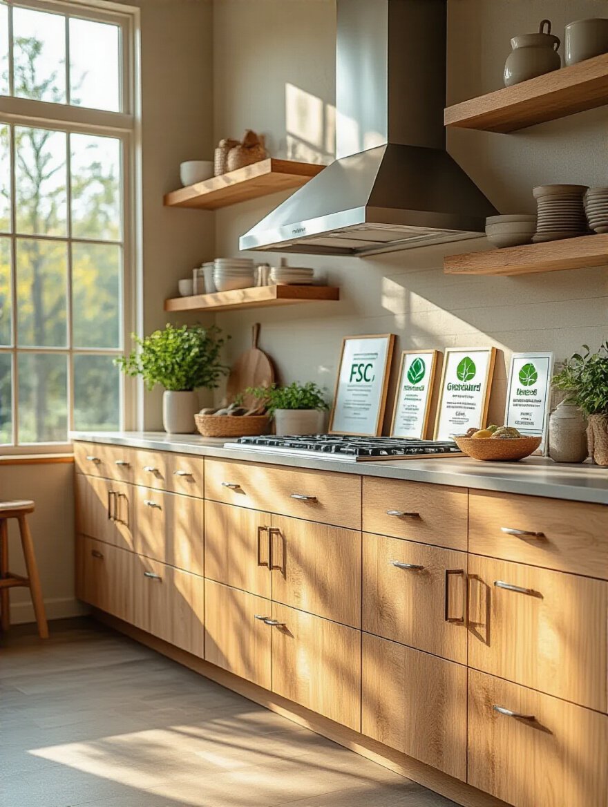 Organic kitchen cabinet close-up showing FSC, GreenGuard, and LEED certification labels under warm natural lighting